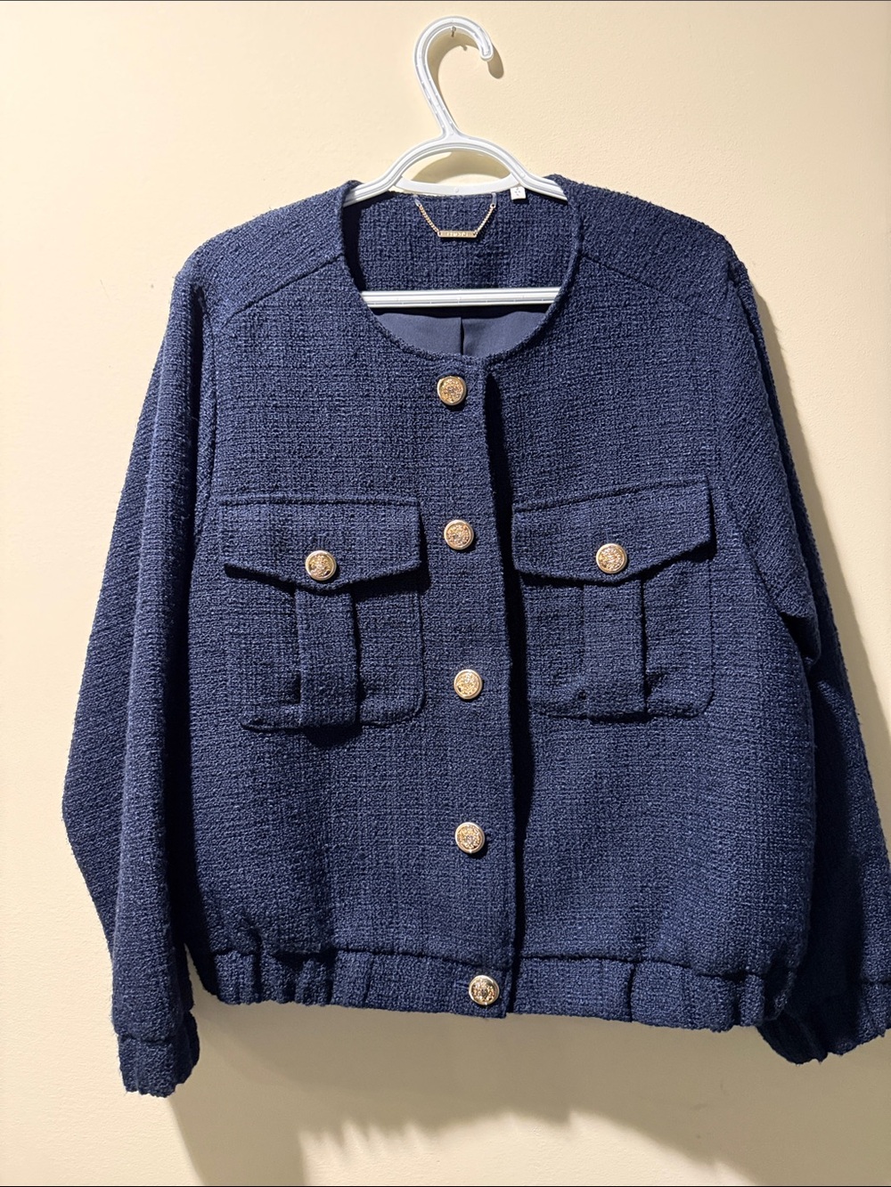 Chico's Navy Bouclé Button Jacket with Gold Buttons